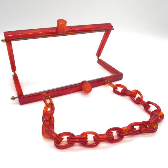 Vintage Chunky Lucite Purse Frame Linked Chain Handle Vermilion - Picture 5 of 16